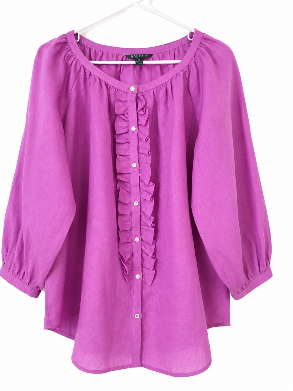 NEW Lauren Ralph Lauren Purple Button Up Shirt 100% Linen 1x Ruffle